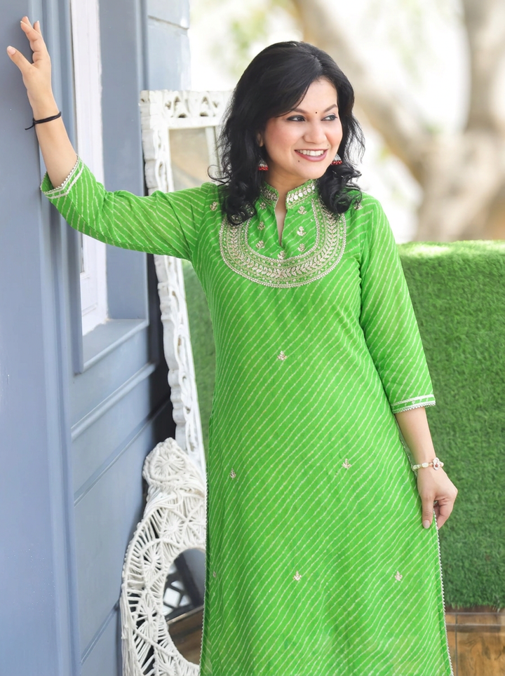 Rimmi Leaf Green Embellished Neck Leheriya Georgette Kurti