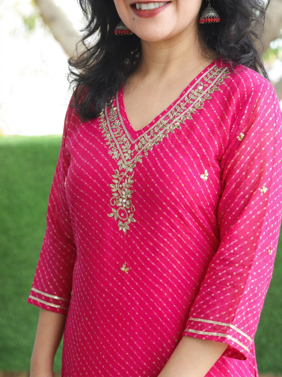 Rimmi Rani Pink Embellished Neck Leheriya Georgette Kurti