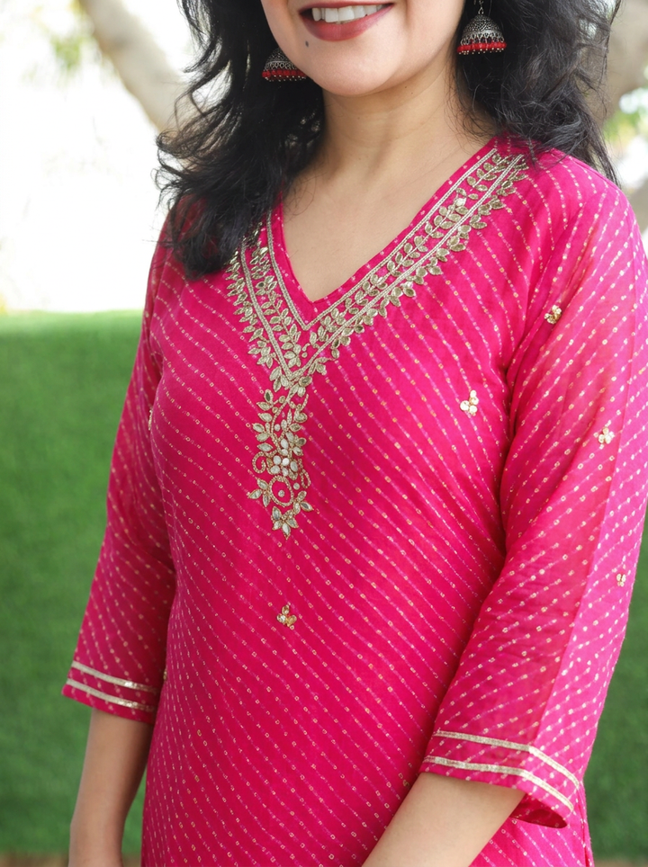 Rimmi Rani Pink Embellished Neck Leheriya Georgette Kurti