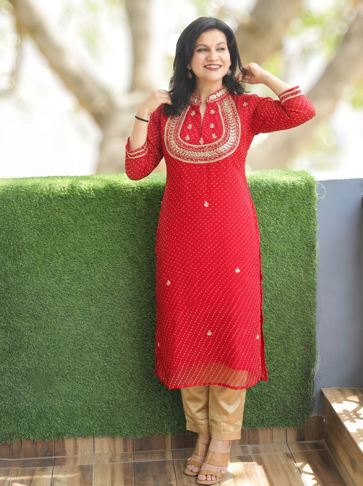 Rimmi Maharani Red Embellished Neck Leheriya Georgette Kurti