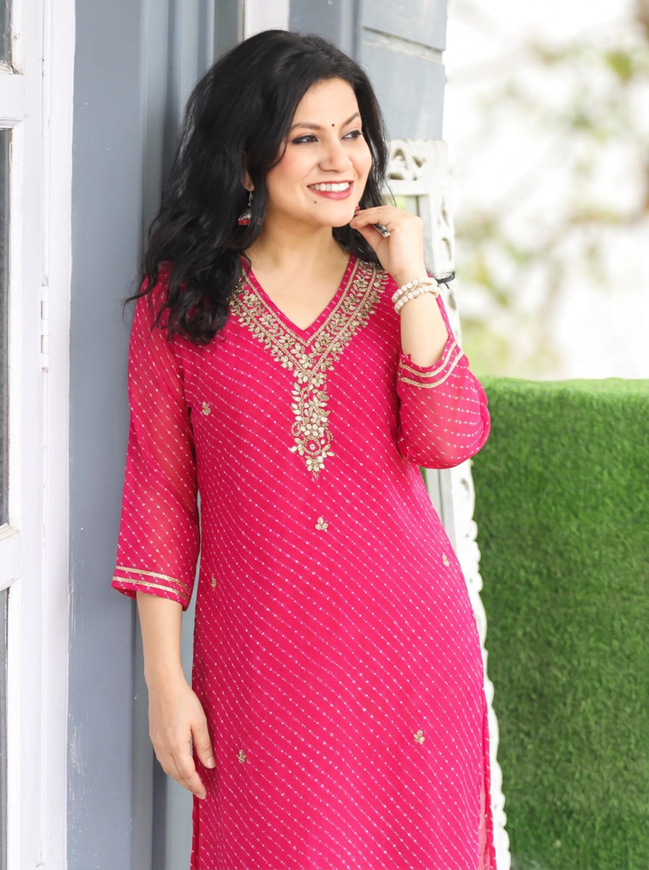 Rimmi Rani Pink Embellished Neck Leheriya Georgette Kurti