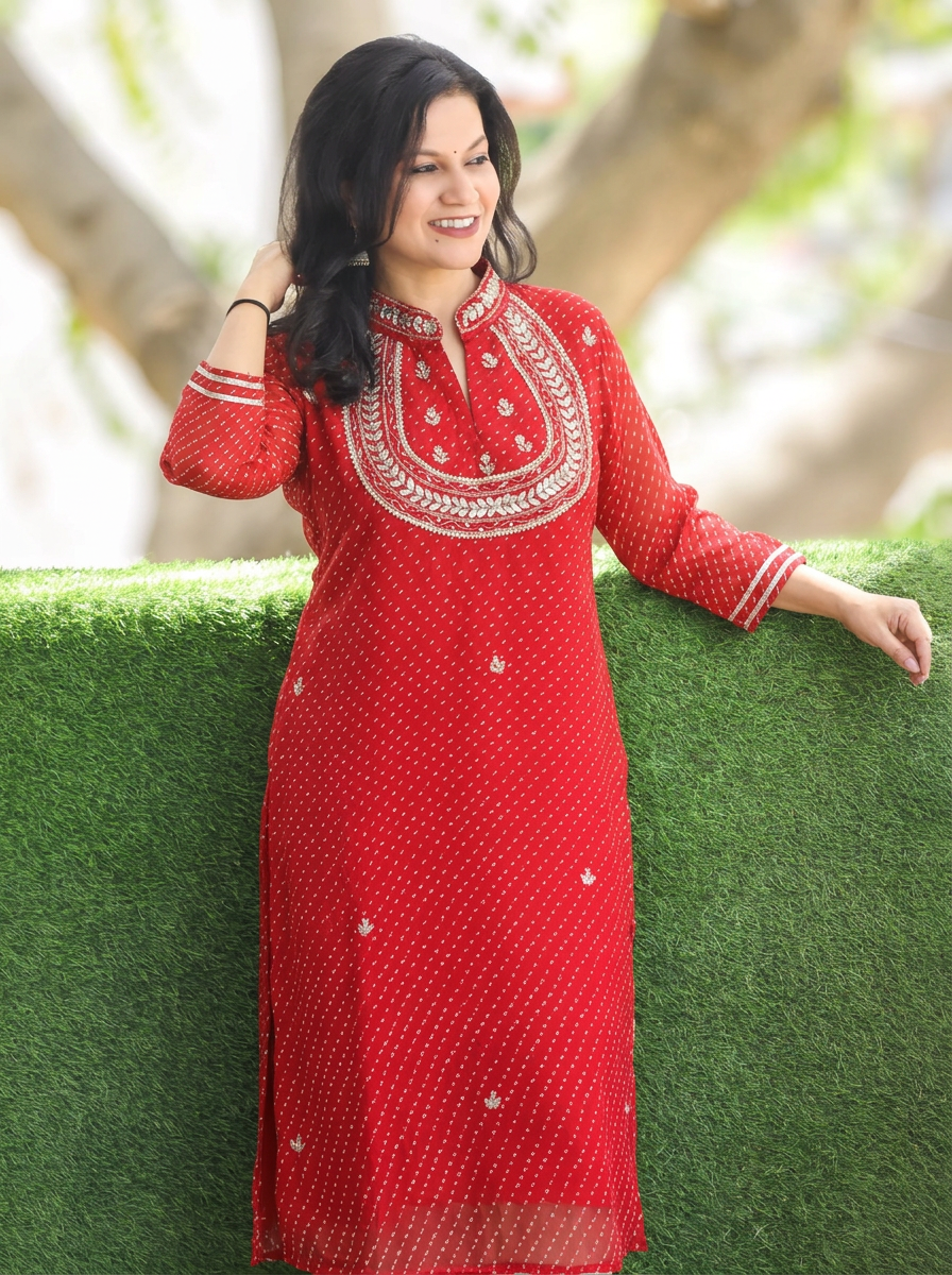 Rimmi Maharani Red Embellished Neck Leheriya Georgette Kurti