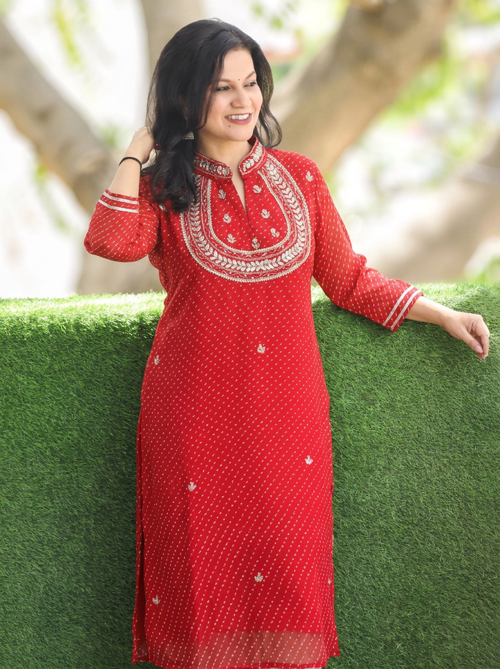 Rimmi Maharani Red Embellished Neck Leheriya Georgette Kurti