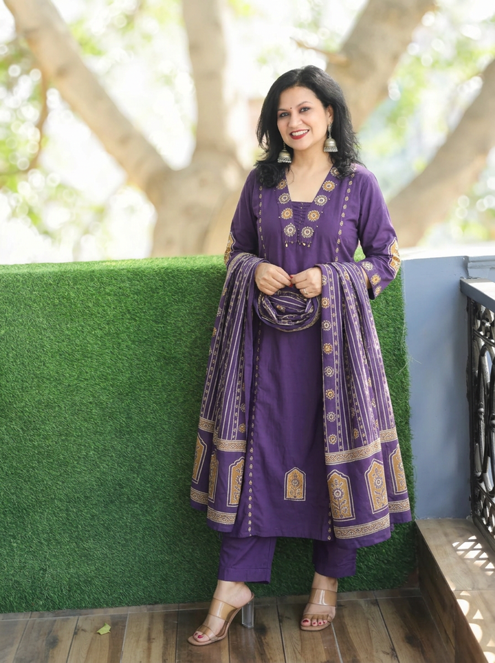 Rishika Violet Purple V Neck Panel Style Cotton Set
