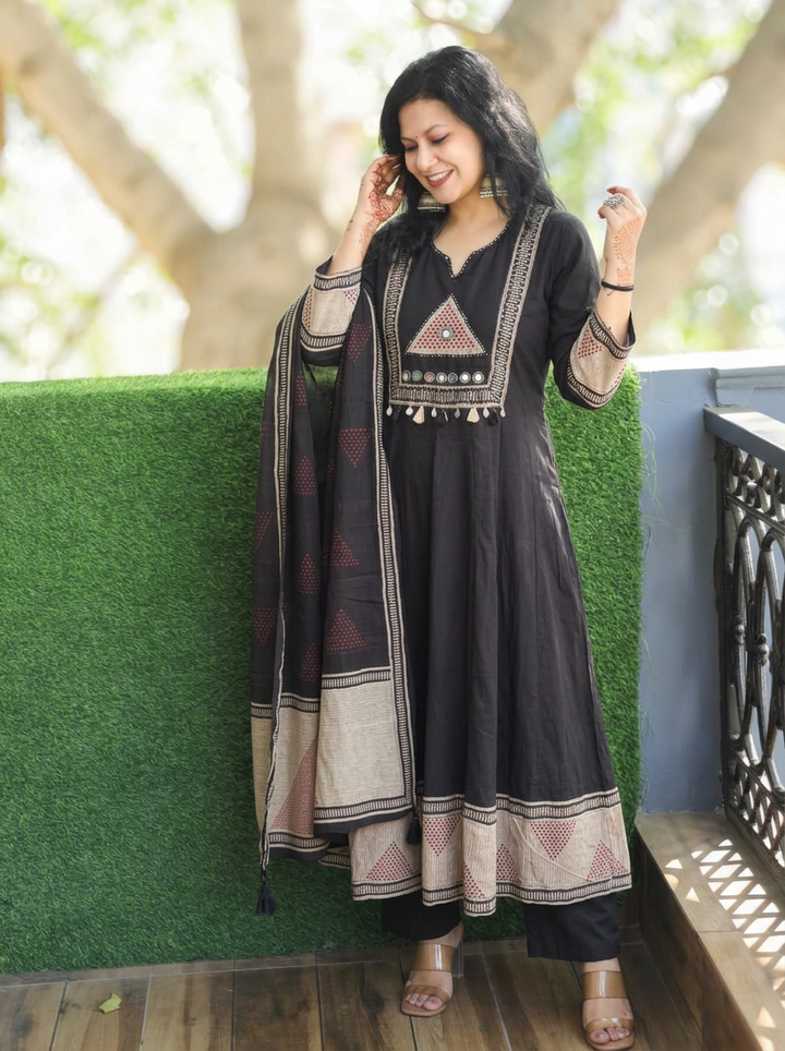 Rishika Black Moti Work Anarkali Cotton 3 Piece Set