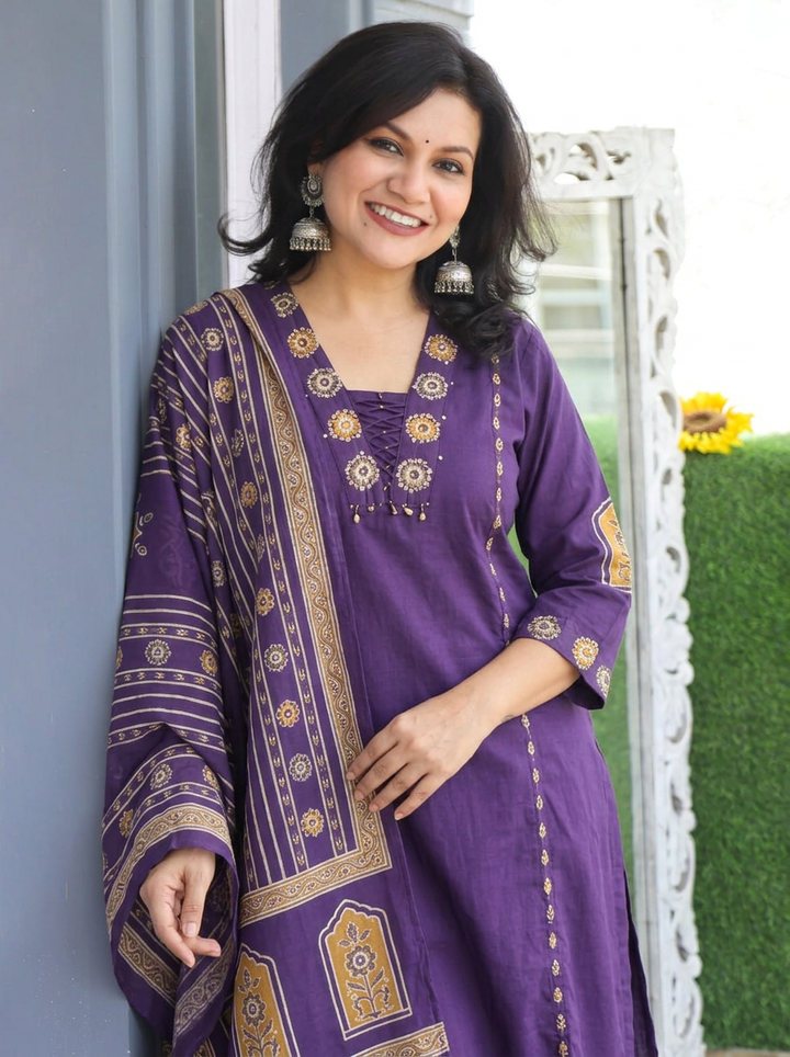 Rishika Violet Purple V Neck Panel Style Cotton Set