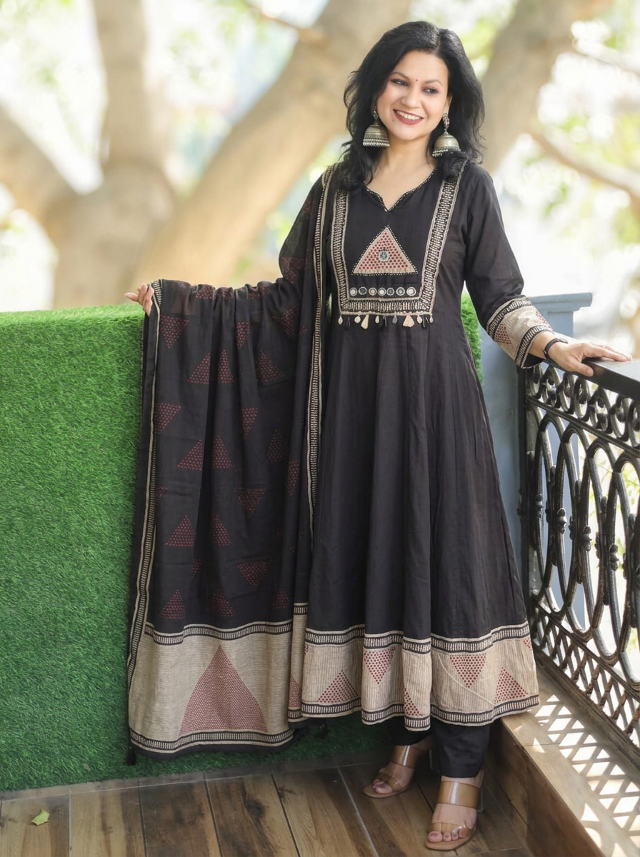 Rishika Black Moti Work Anarkali Cotton 3 Piece Set