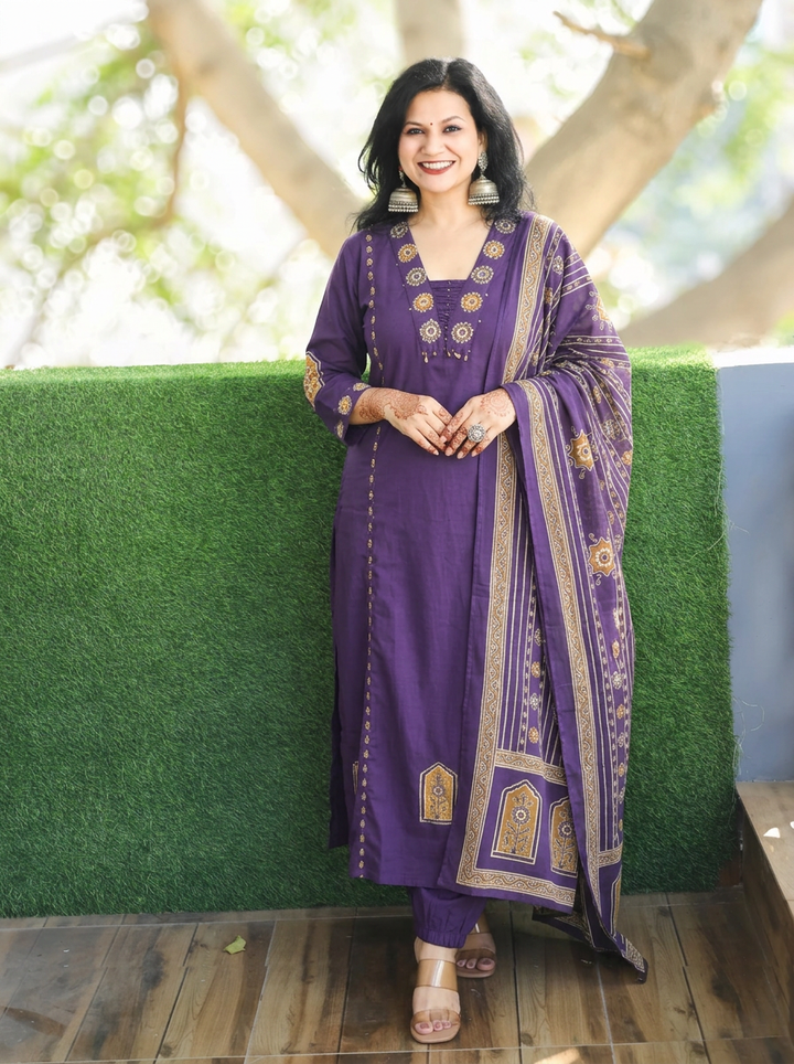Rishika Violet Purple V Neck Panel Style Cotton Set