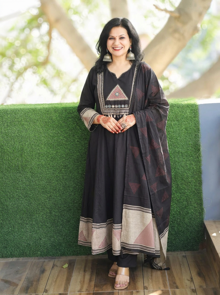 Rishika Black Moti Work Anarkali Cotton 3 Piece Set