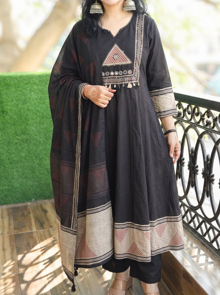 Rishika Black Moti Work Anarkali Cotton 3 Piece Set