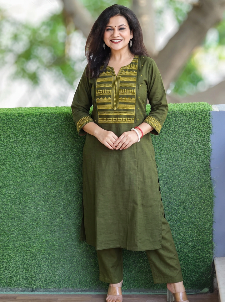 Roohi Olive Green Warli Embroidered Panel 2 Piece Set
