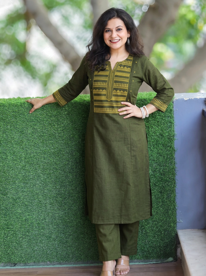 Roohi Olive Green Warli Embroidered Panel 2 Piece Set