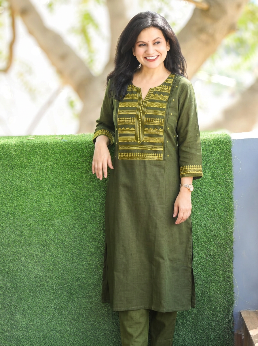Roohi Olive Green Warli Embroidered Panel 2 Piece Set