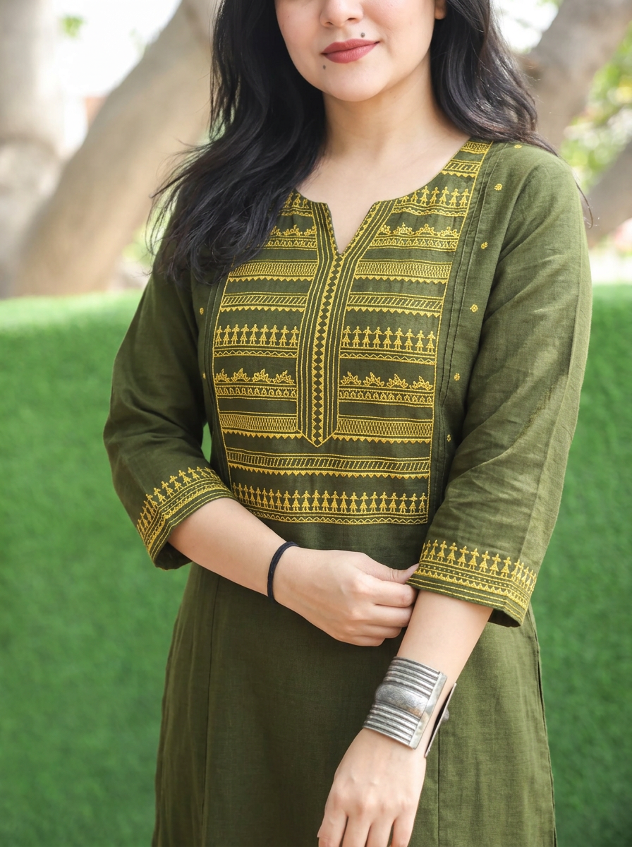 Roohi Olive Green Warli Embroidered Panel 2 Piece Set