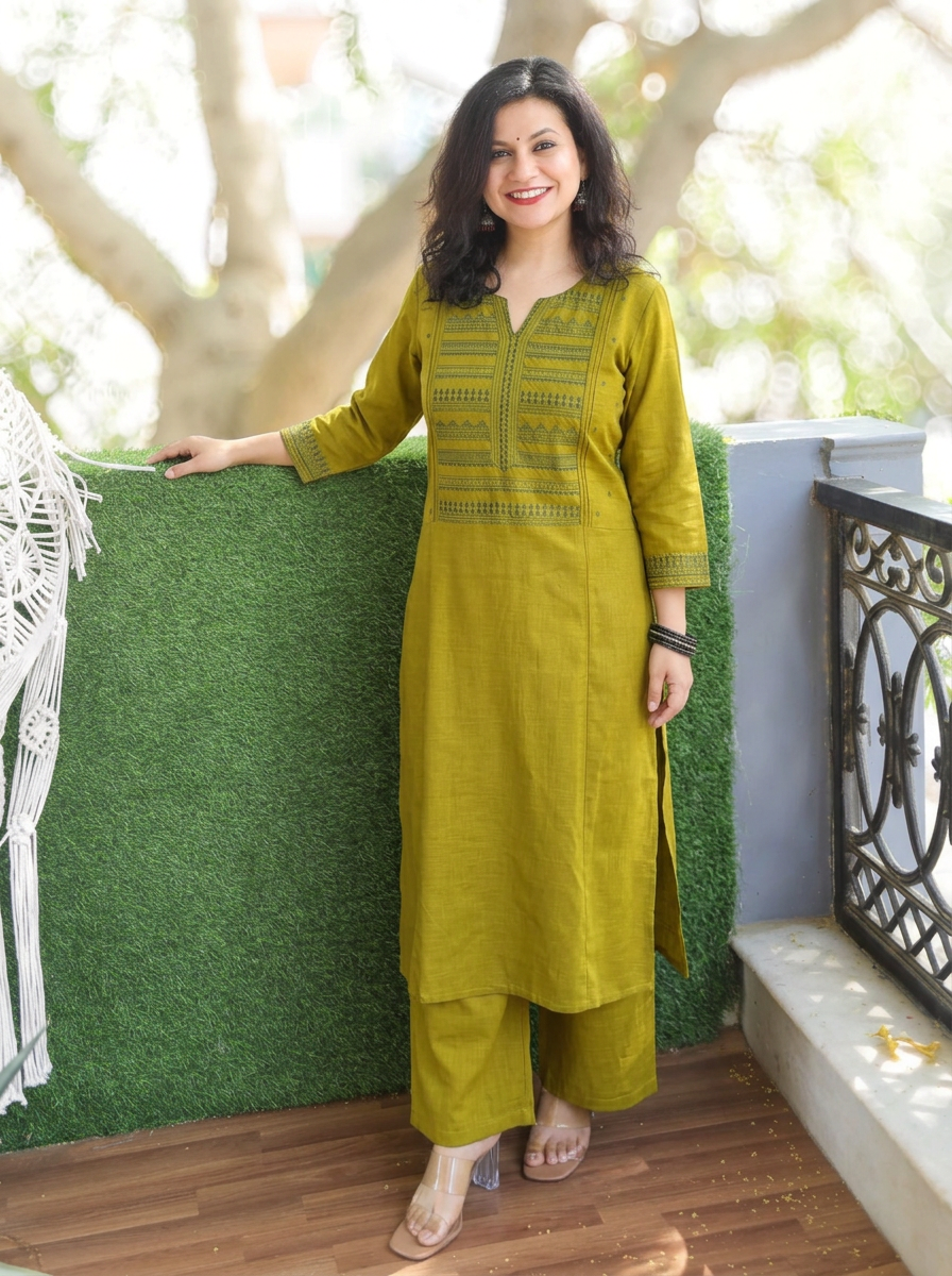 Roohi Dijon Yellow Warli Embroidered Panel 2 Piece Set