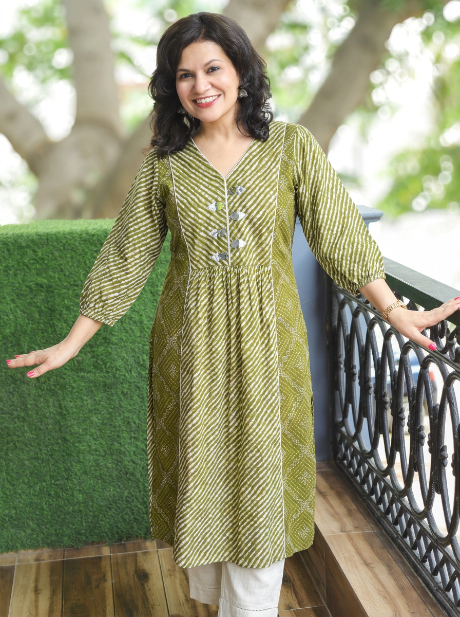 Aarohi Green Mirror with Leheriya Print Panel Cotton Kurti