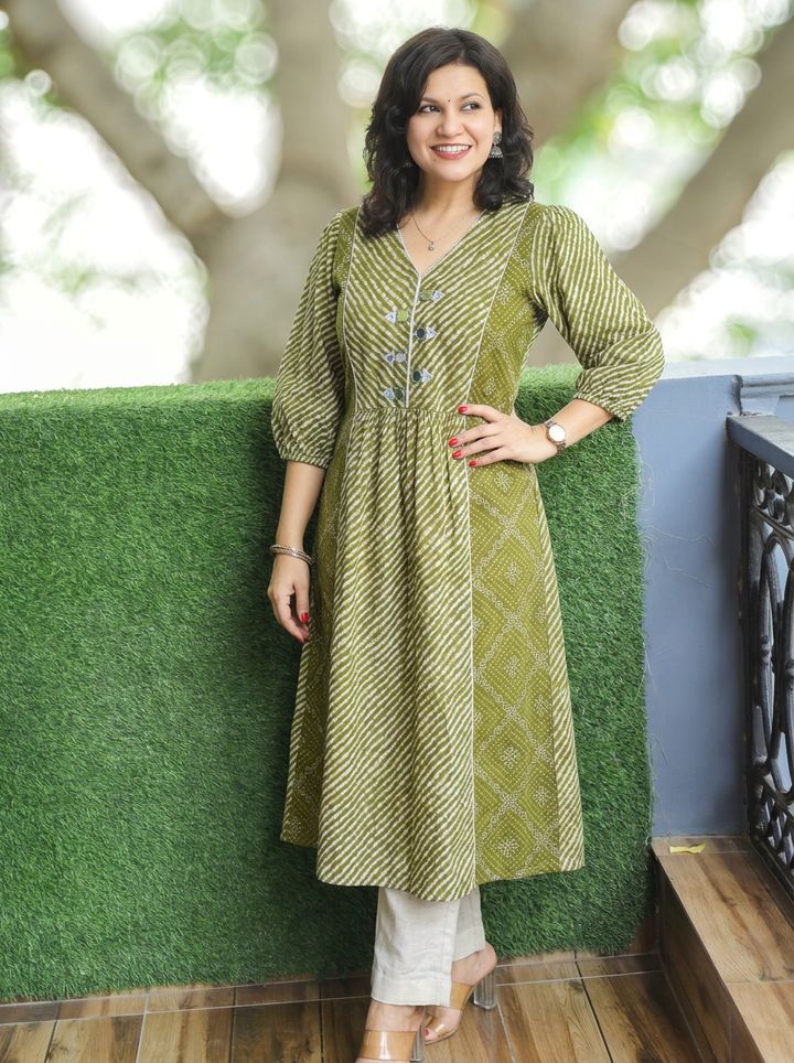 Aarohi Green Mirror with Leheriya Print Panel Cotton Kurti