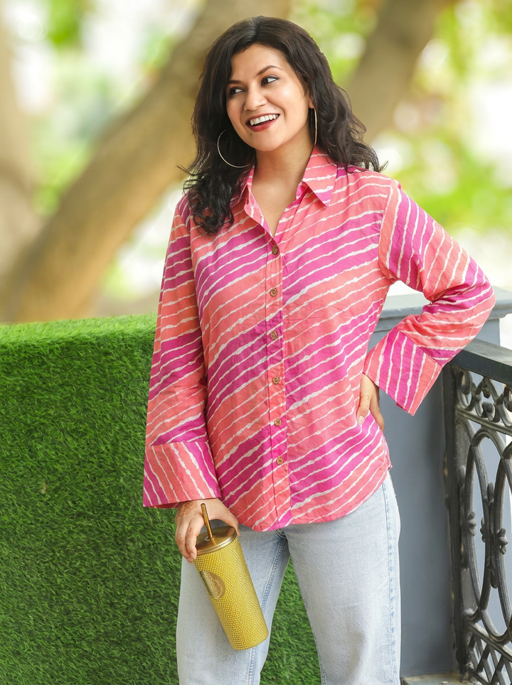 Leher Pink Leheriya Print Wood Button Cotton Shirt