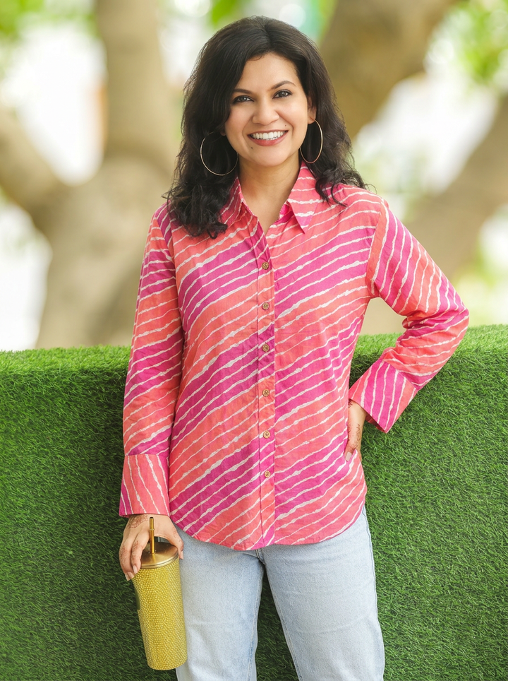 Leher Pink Leheriya Print Wood Button Cotton Shirt