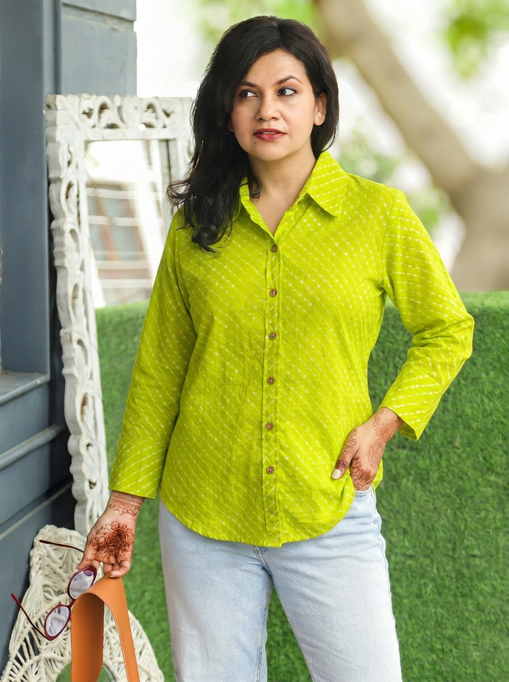 Leher Orchid Purple Leheriya Print Wood Button Cotton Shirt