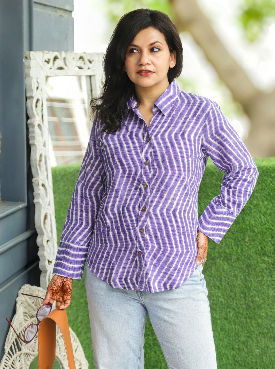 Leher Orchid Purple Leheriya Print Wood Button Cotton Shirt