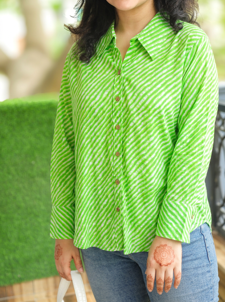Leher Leaf Green Leheriya Print Wood Button Cotton Shirt