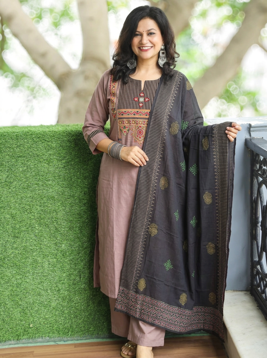 Sakshi Hazel Tan Kutch Mirror Yoke 3 Piece Set