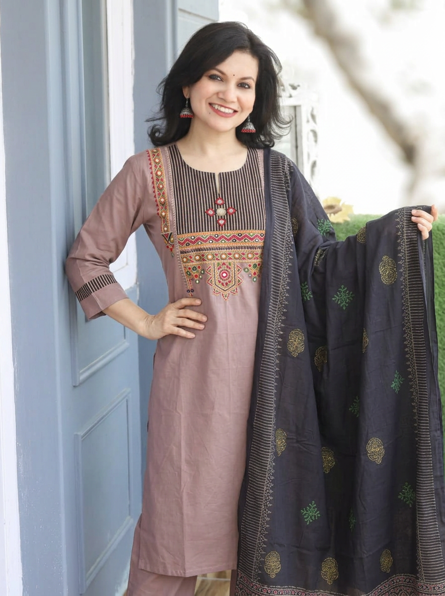 Sakshi Hazel Tan Kutch Mirror Yoke 3 Piece Set