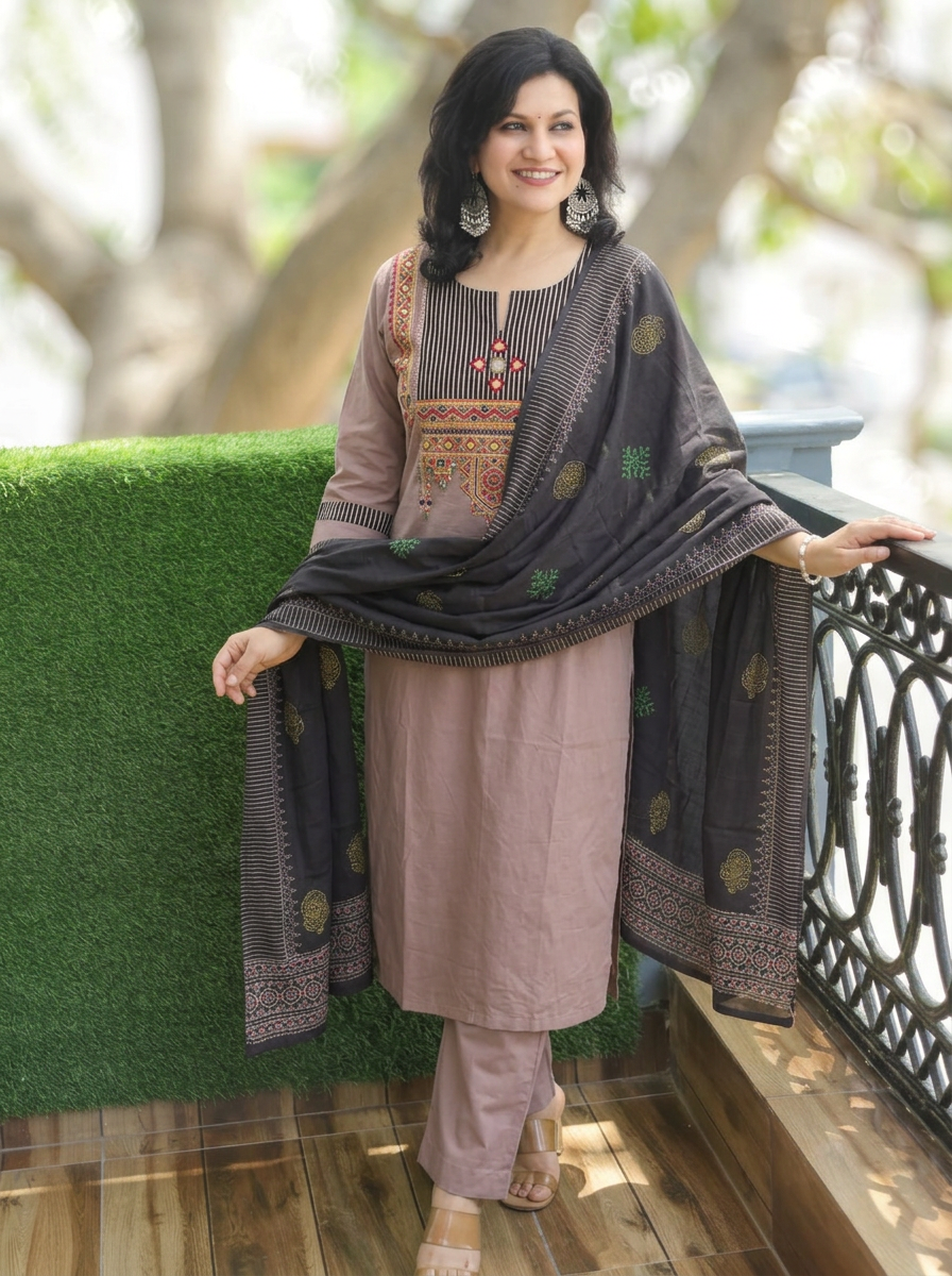 Sakshi Hazel Tan Kutch Mirror Yoke 3 Piece Set