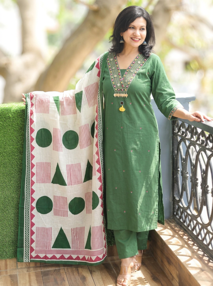 Radhika Green Mirror V Embroidered Neck Cotton Set