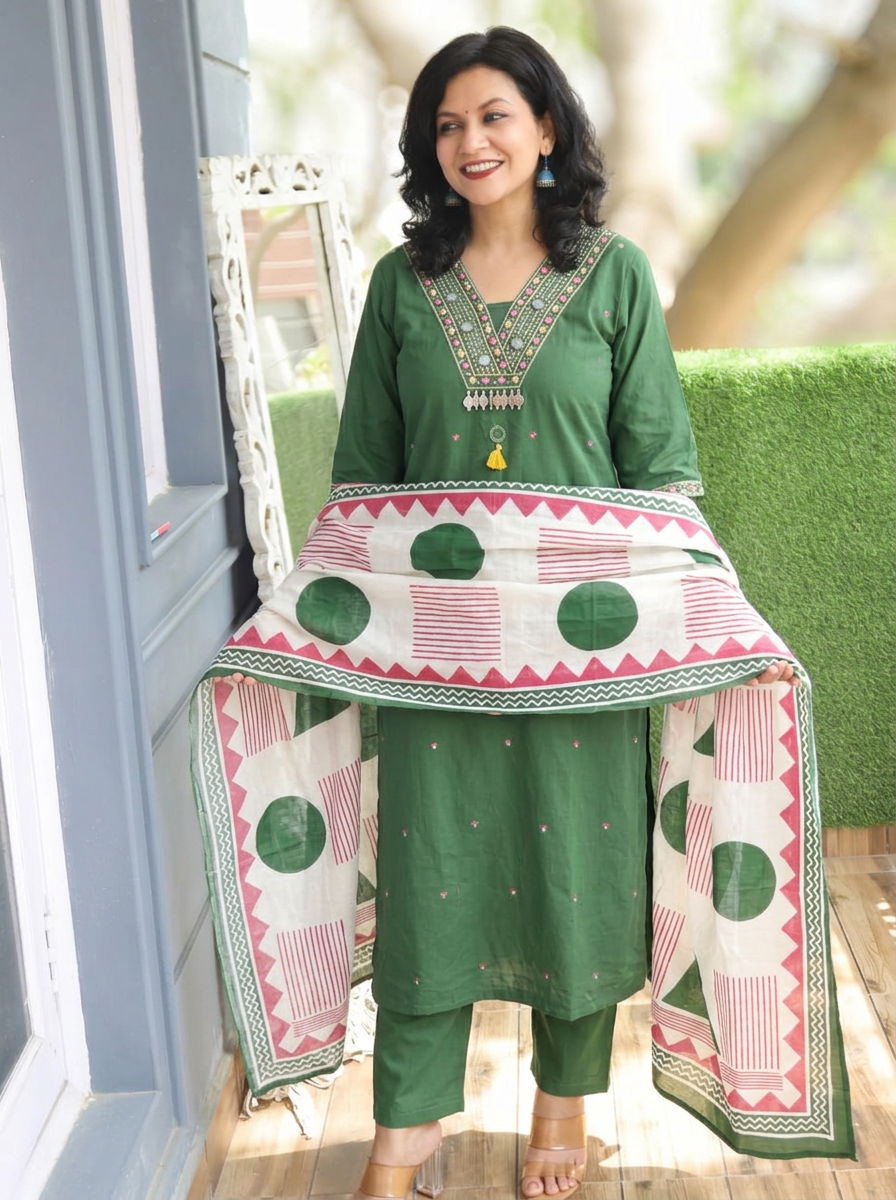 Radhika Green Mirror V Embroidered Neck Cotton Set