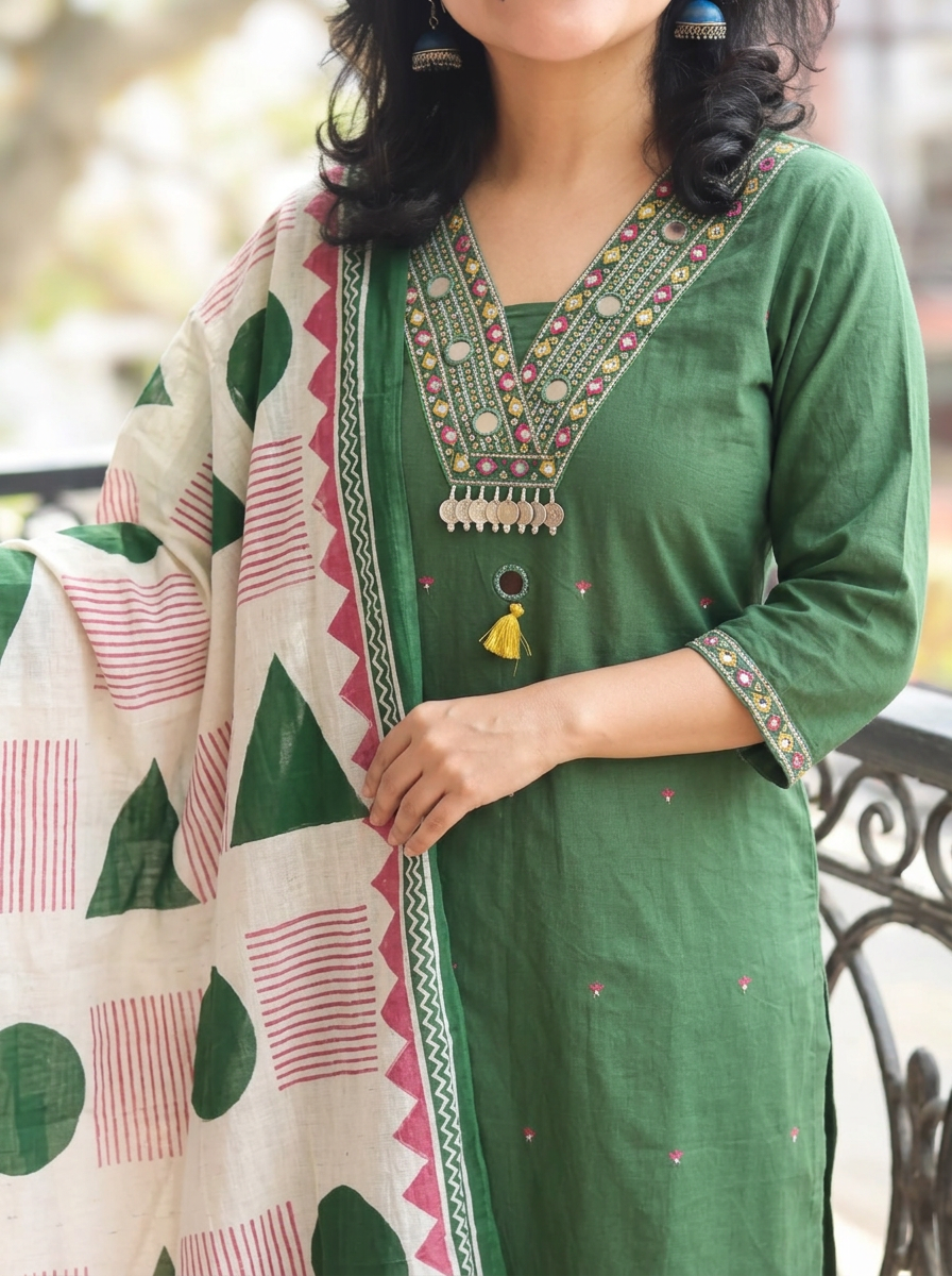 Radhika Green Mirror V Embroidered Neck Cotton Set
