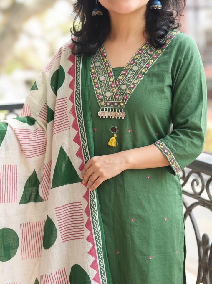 Radhika Green Mirror V Embroidered Neck Cotton Set