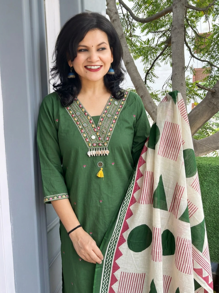 Radhika Green Mirror V Embroidered Neck Cotton Set