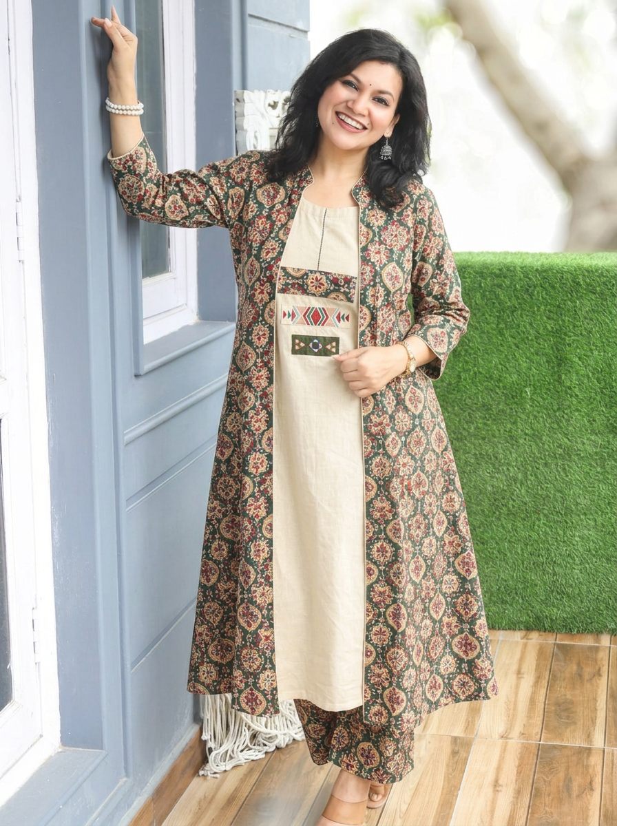 Deewani Beige with Green Cotton Jacket Co-ord Set