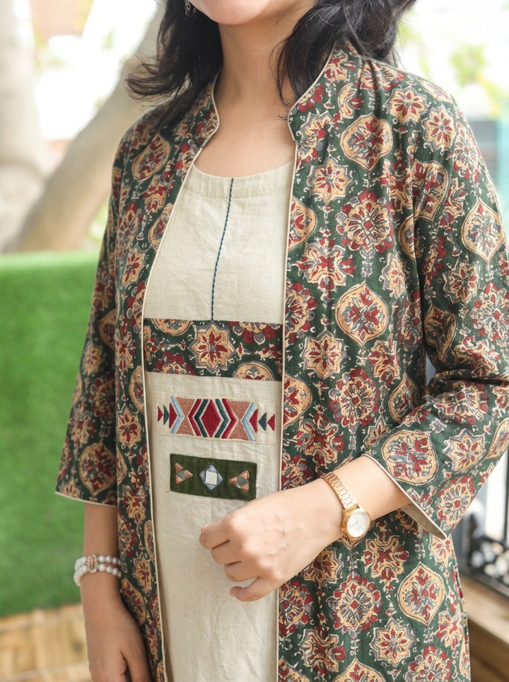Deewani Beige with Green Cotton Jacket Co-ord Set