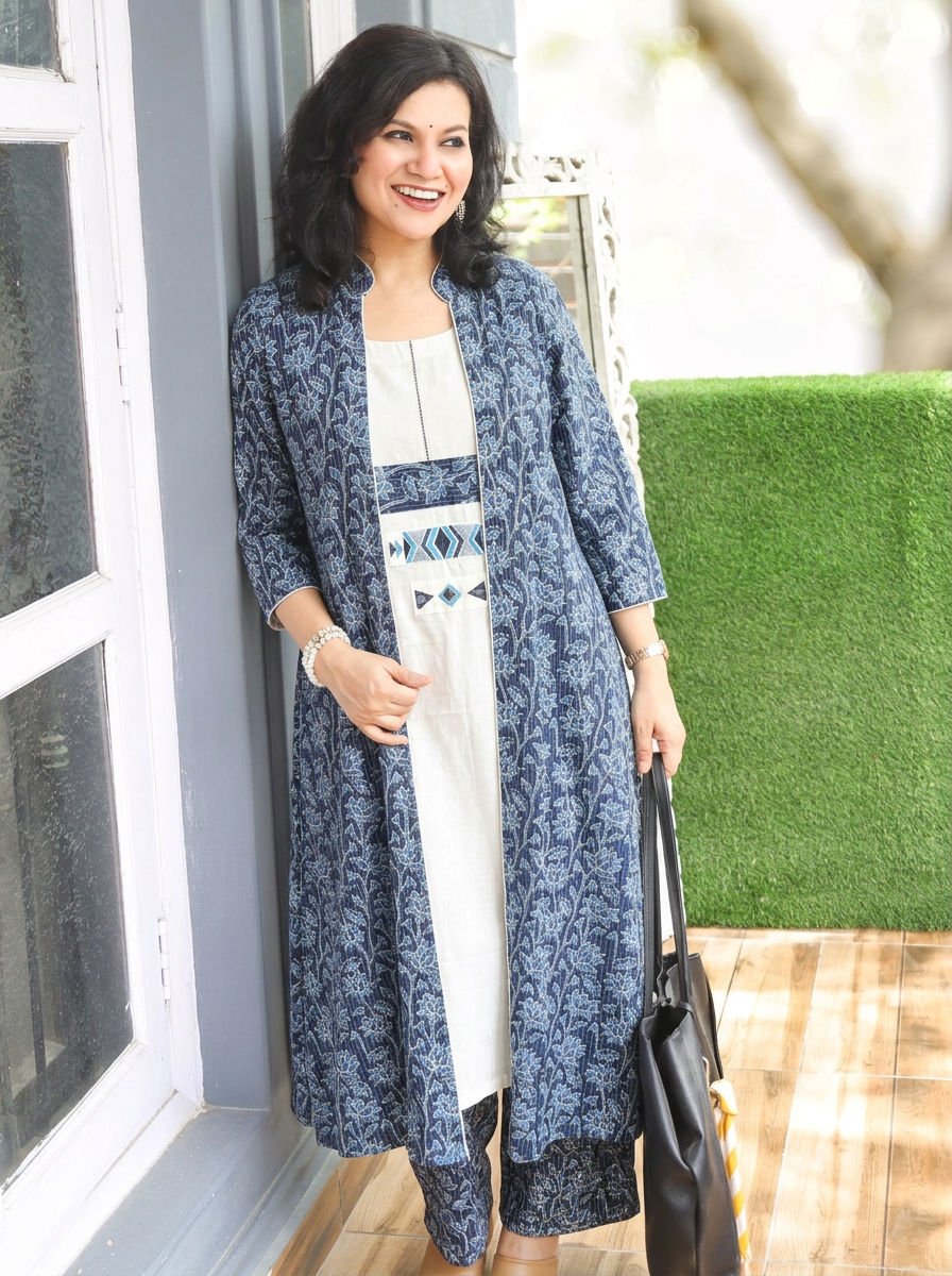Deewani White with Blue Cotton Jacket Co-ord Set