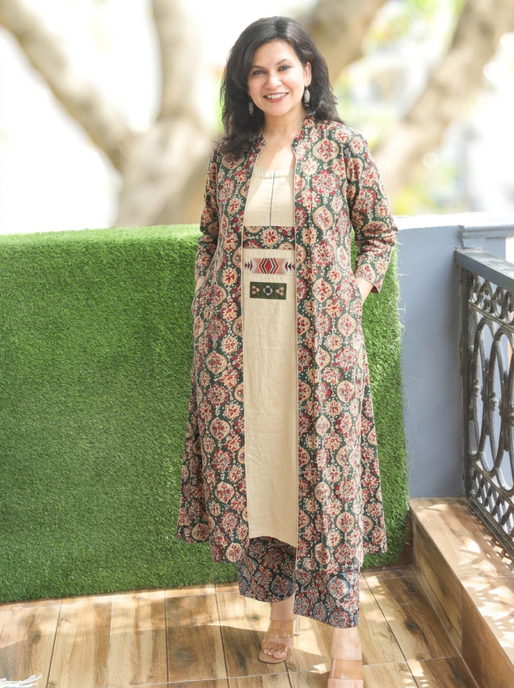 Deewani Beige with Green Cotton Jacket Co-ord Set