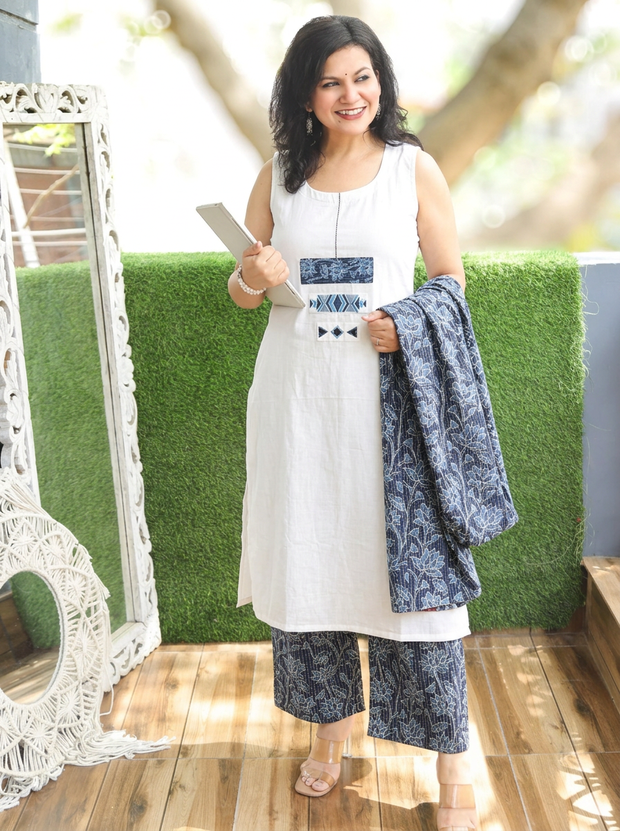 Deewani White with Blue Cotton Jacket Co-ord Set