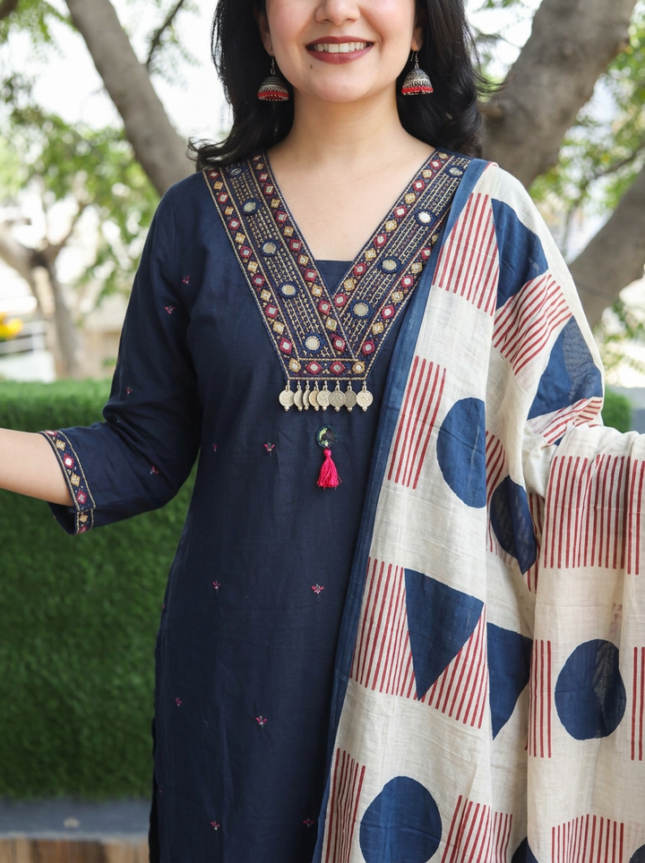 Radhika Blue Mirror V Embroidered Neck Cotton Set