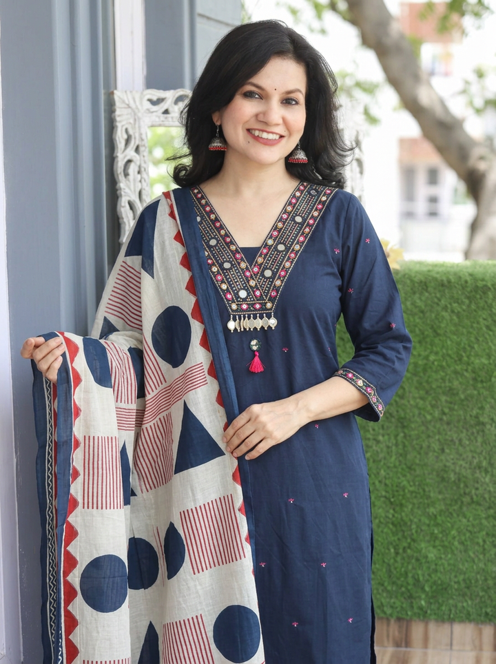 Radhika Blue Mirror V Embroidered Neck Cotton Set