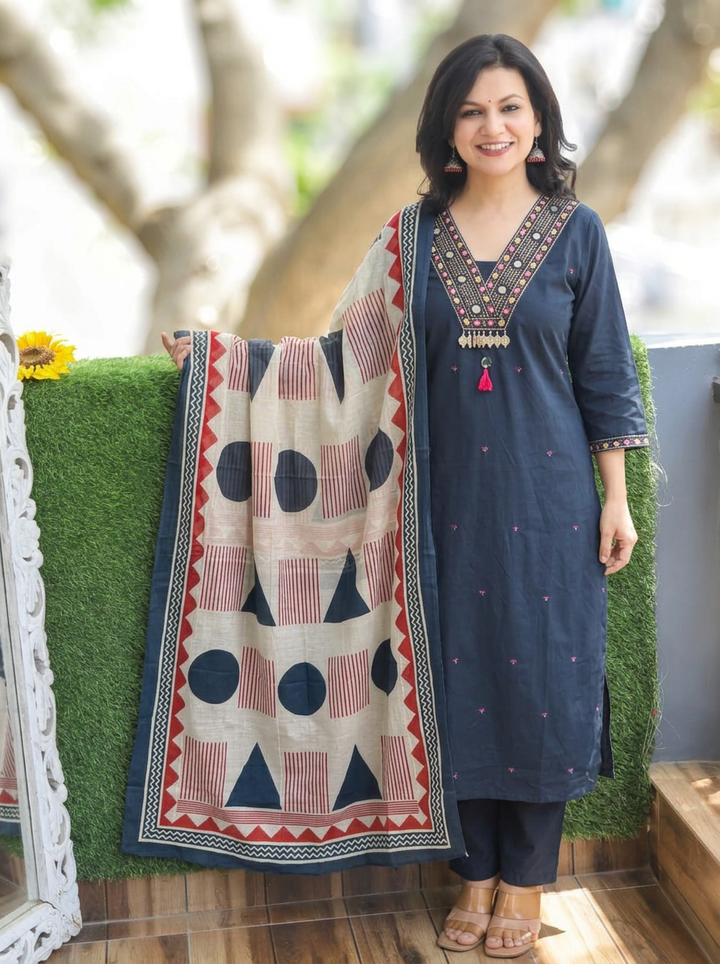 Radhika Blue Mirror V Embroidered Neck Cotton Set