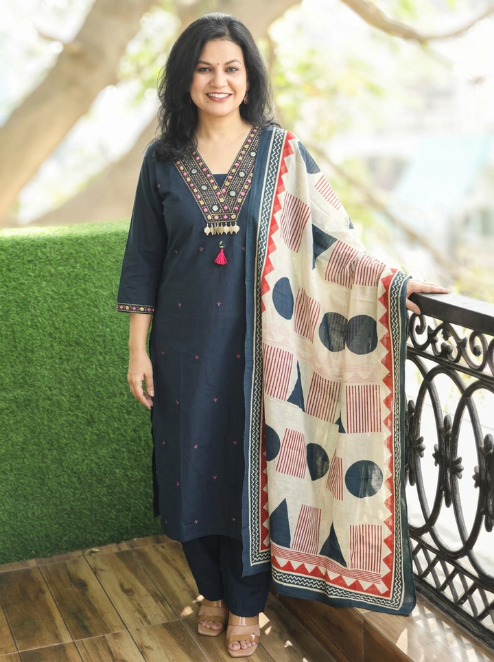 Radhika Blue Mirror V Embroidered Neck Cotton Set