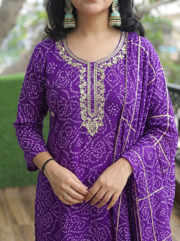 Bahaar Purple Embellished Bandhani Georgette 3 Piece Set