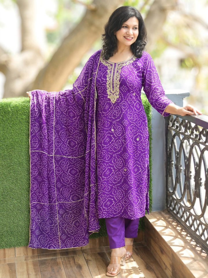 Bahaar Purple Embellished Bandhani Georgette 3 Piece Set