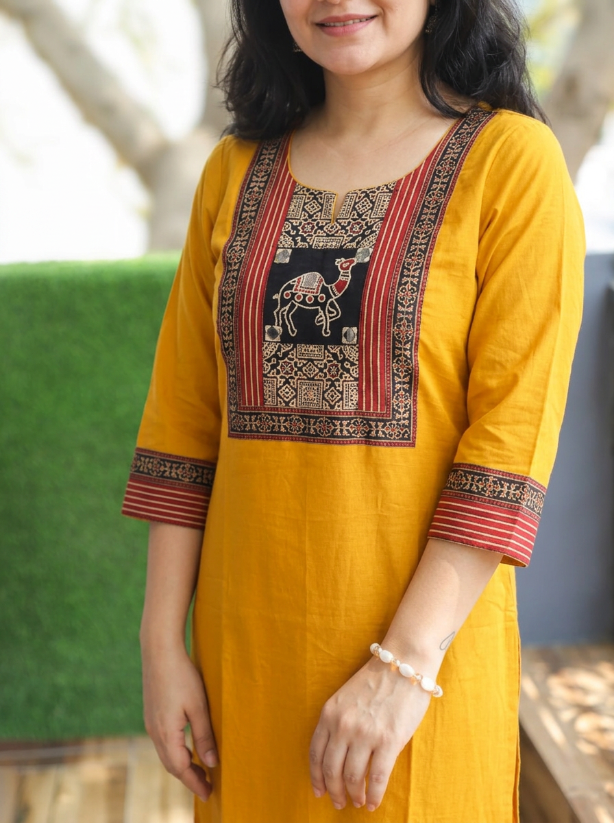 Megha Yellow Mirror Work Camel Yoke Cotton Kurti