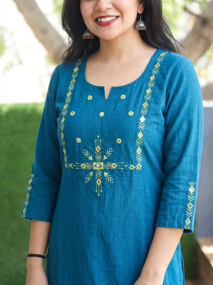 Mehraab Blue Cross Color Woven South Cotton Kurti
