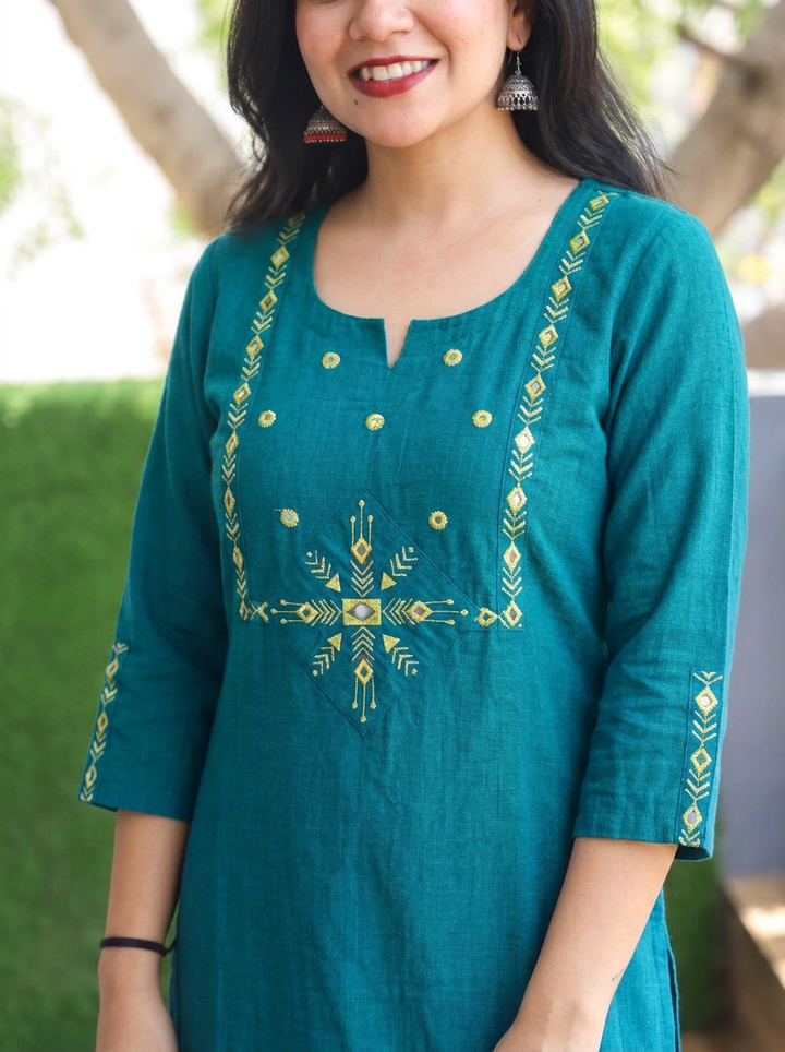 Mehraab Teal Cross Color Woven South Cotton Kurti