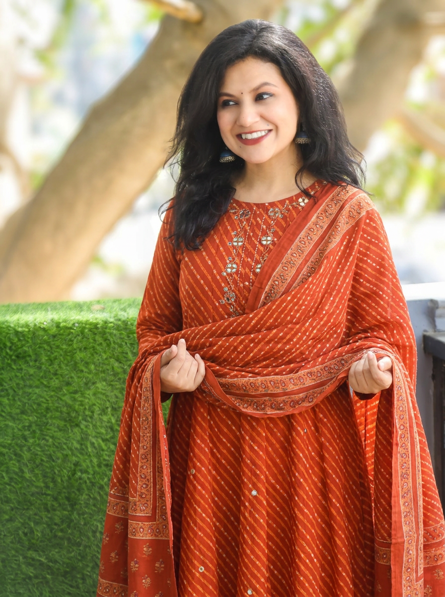 Morni Burnt Rust Mirror Leheriya Cotton 3 Piece Set