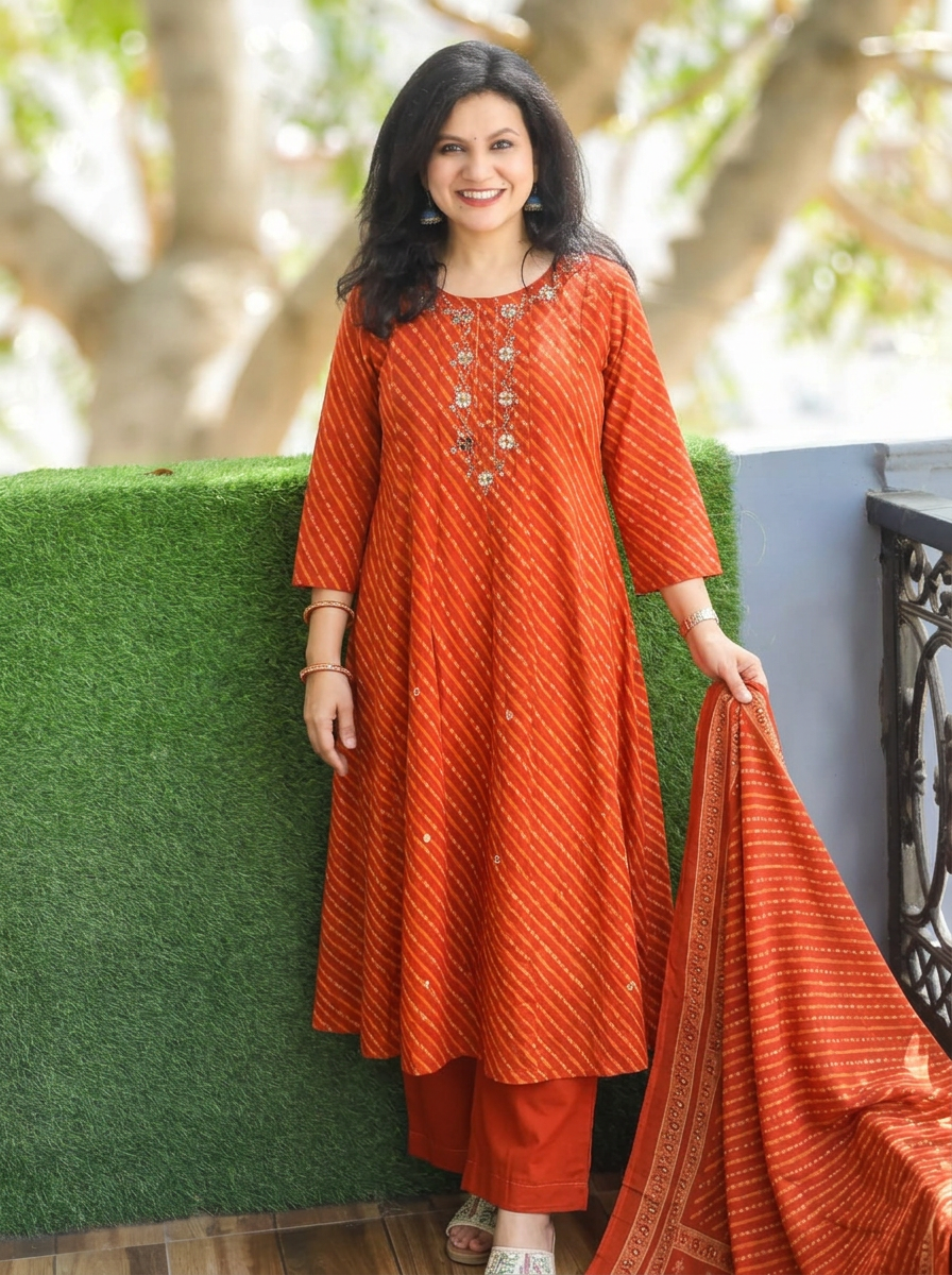 Morni Burnt Rust Mirror Leheriya Cotton 3 Piece Set